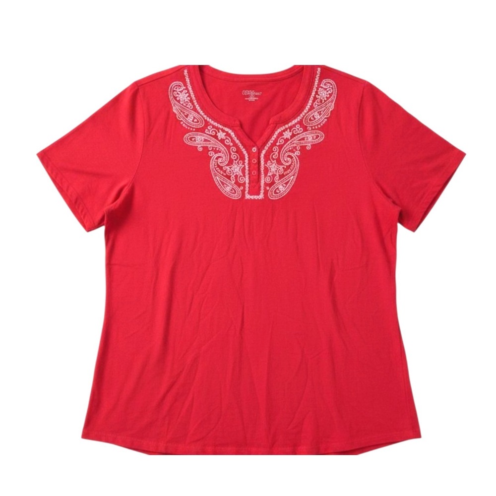 LIZ & ME For CATHERINES Red PAISLEY & STARS PRINT 3-Buttons BLOUSE/TOP 3X 26/28W